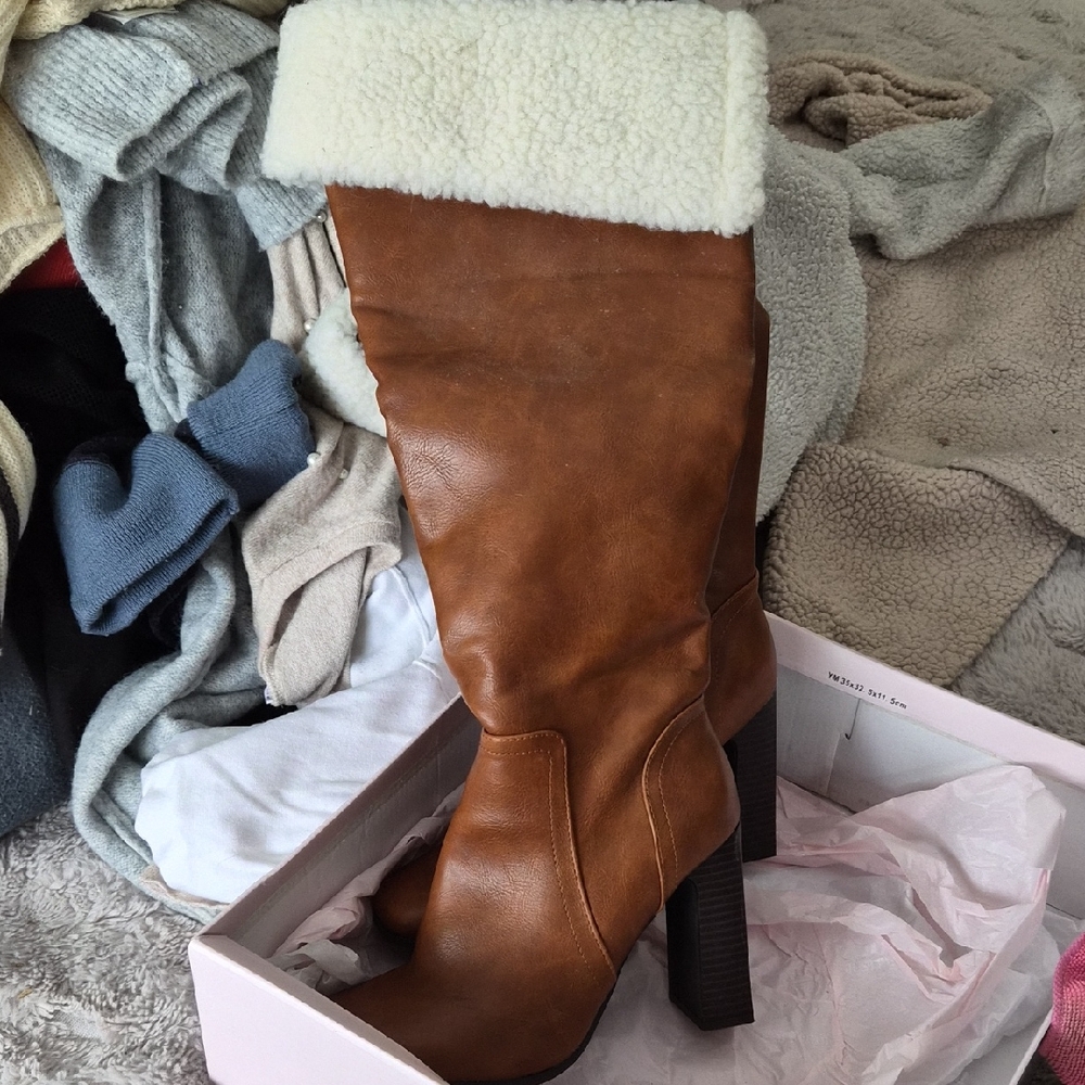JustFab Tan Heeled Boots with Cream Cuff